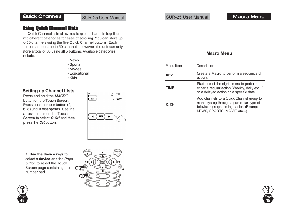 Using quick channel lists | Sima Products SUR-25 User Manual | Page 15 / 30