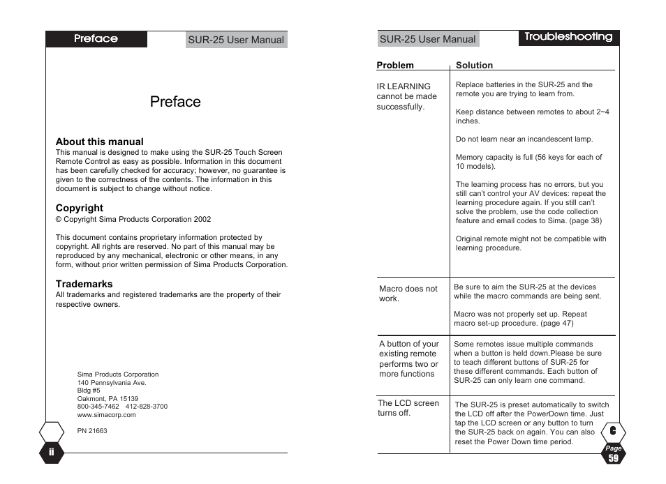Preface | Sima Products SUR-25 User Manual | Page 2 / 30