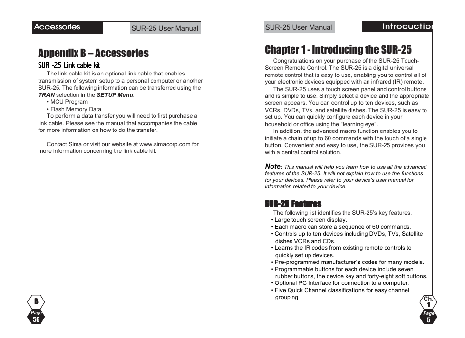 Chapter 1 - introducing the sur-25, Appendix b – accessories | Sima Products SUR-25 User Manual | Page 5 / 30