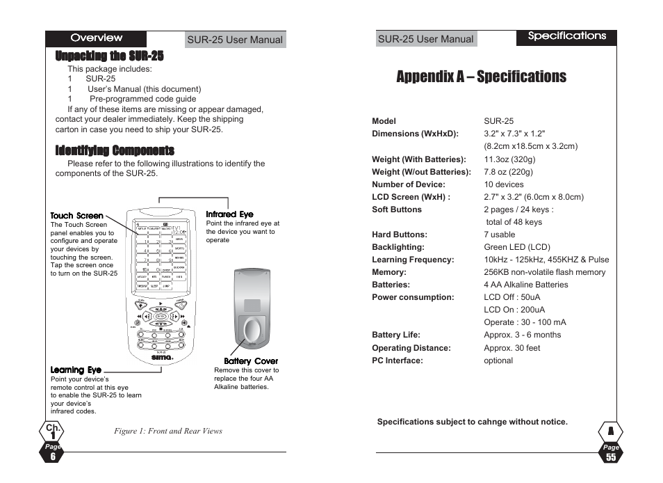 Appendix a – specifications | Sima Products SUR-25 User Manual | Page 6 / 30