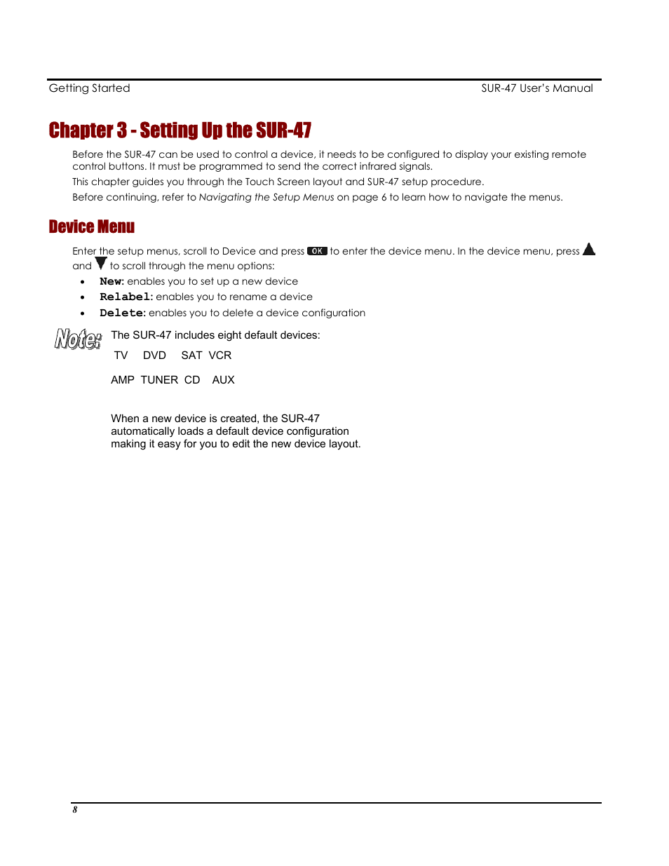 Chapter 3 - setting up the sur-47, Device menu | Sima Products Sima SUR-47 User Manual | Page 12 / 42