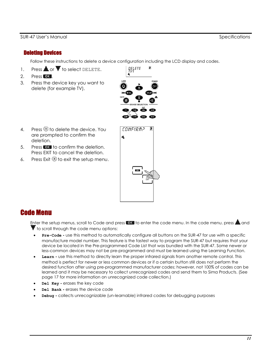 Code menu | Sima Products Sima SUR-47 User Manual | Page 15 / 42
