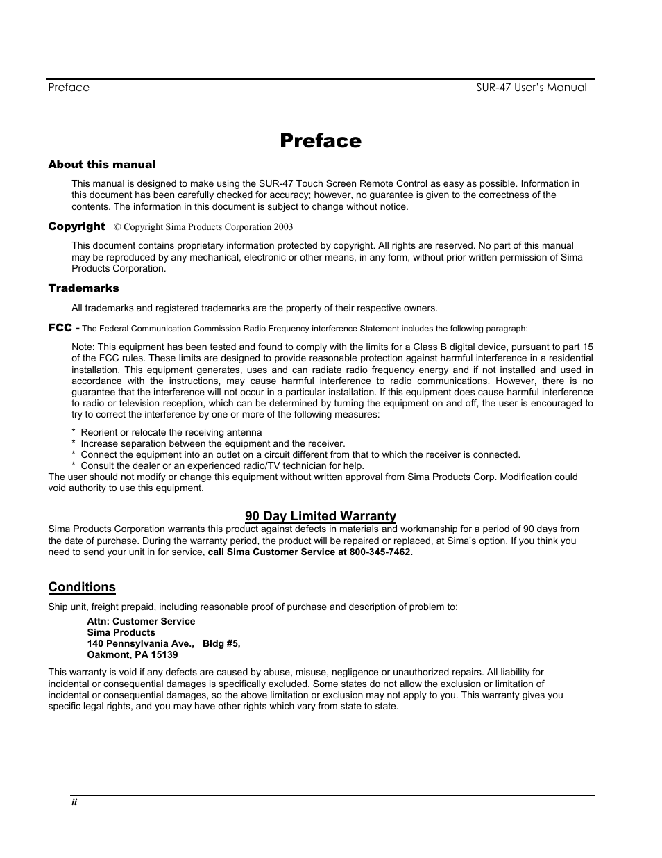 Preface | Sima Products Sima SUR-47 User Manual | Page 2 / 42