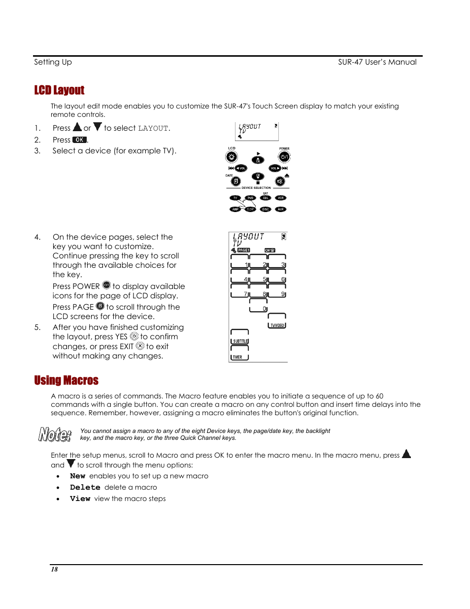 Lcd layout, Using macros | Sima Products Sima SUR-47 User Manual | Page 22 / 42