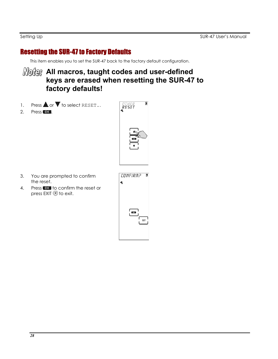 Resetting the sur-47 to factory defaults | Sima Products Sima SUR-47 User Manual | Page 32 / 42