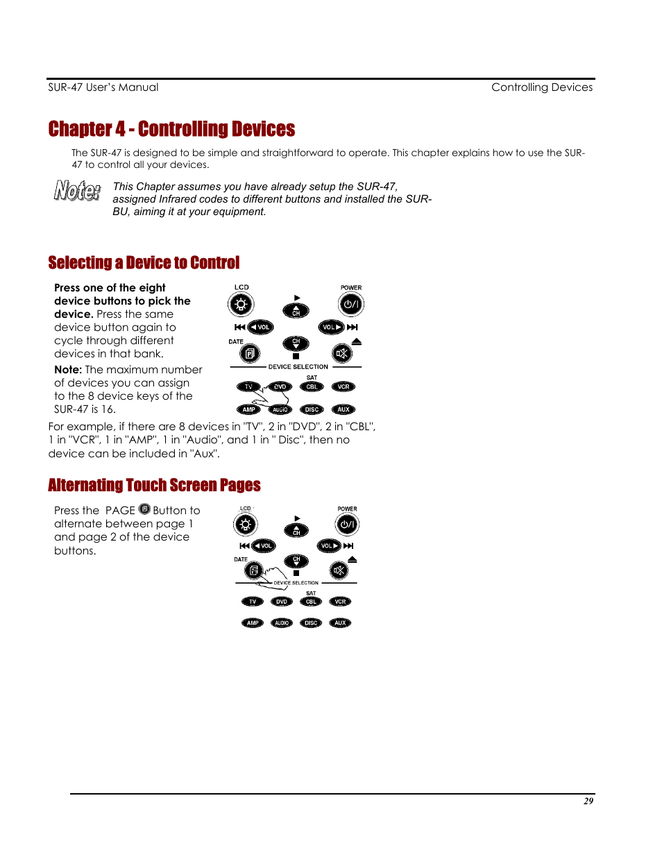 Chapter 4 - controlling devices, Selecting a device to control, Alternating touch screen pages | Sima Products Sima SUR-47 User Manual | Page 33 / 42