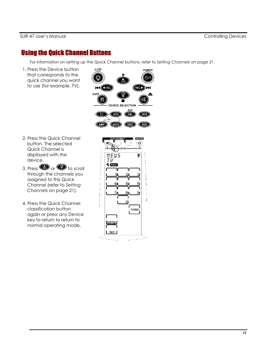 Using the quick channel buttons | Sima Products Sima SUR-47 User Manual | Page 35 / 42