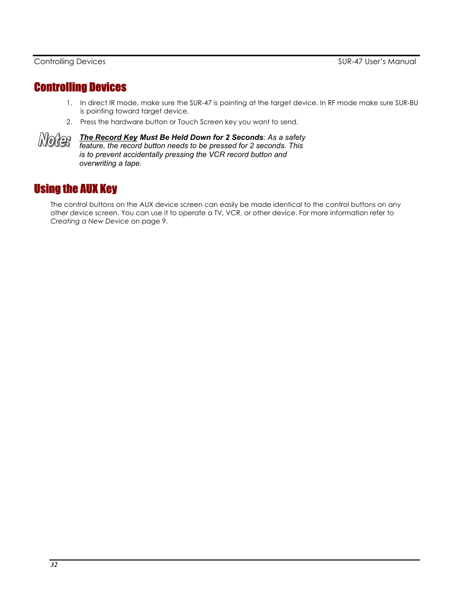Controlling devices, Using the aux key | Sima Products Sima SUR-47 User Manual | Page 36 / 42