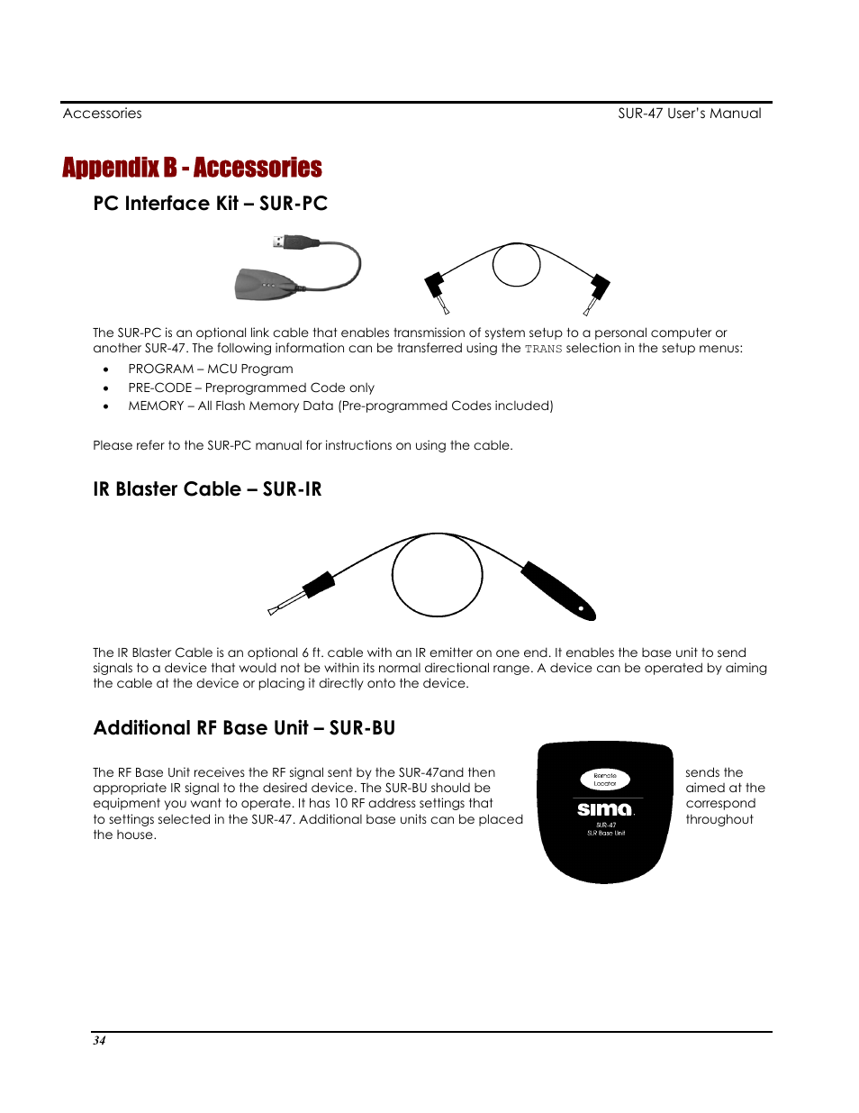 Appendix b - accessories, Pc interface kit – sur-pc, Ir blaster cable – sur-ir | Additional rf base unit – sur-bu | Sima Products Sima SUR-47 User Manual | Page 38 / 42