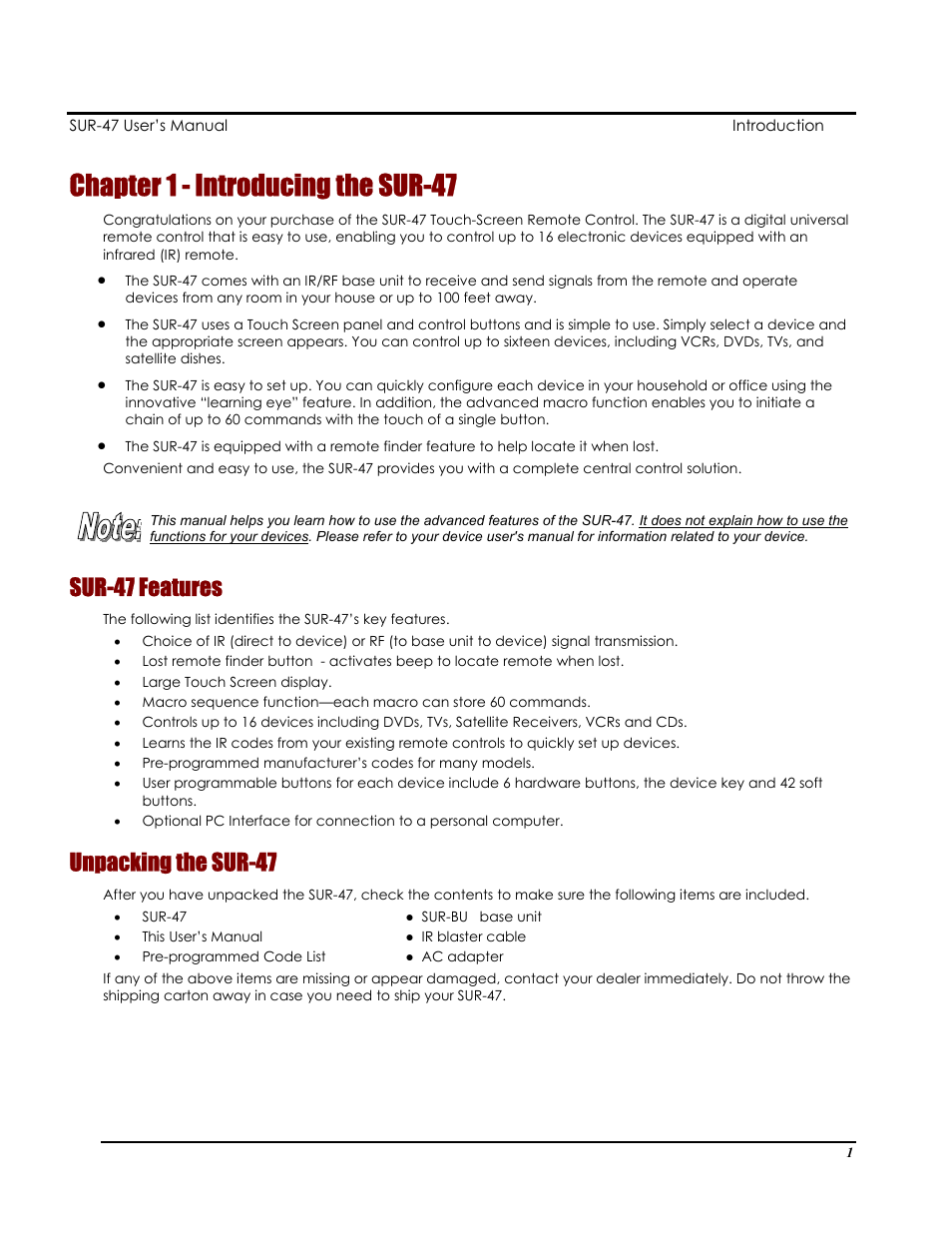 Chapter 1 - introducing the sur-47, Sur-47 features, Unpacking the sur-47 | Sima Products Sima SUR-47 User Manual | Page 5 / 42