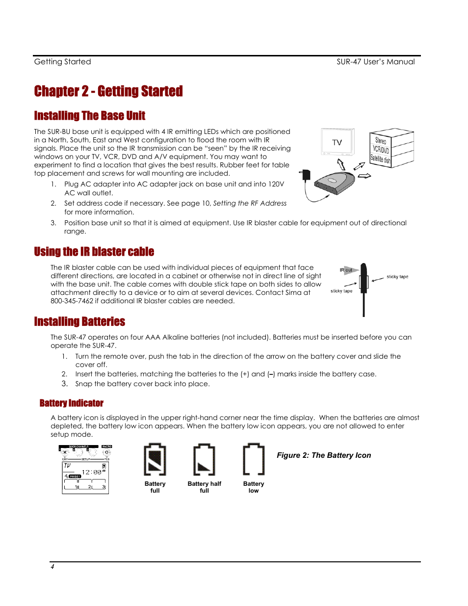 Chapter 2 - getting started, Installing the base unit, Using the ir blaster cable | Installing batteries | Sima Products Sima SUR-47 User Manual | Page 8 / 42