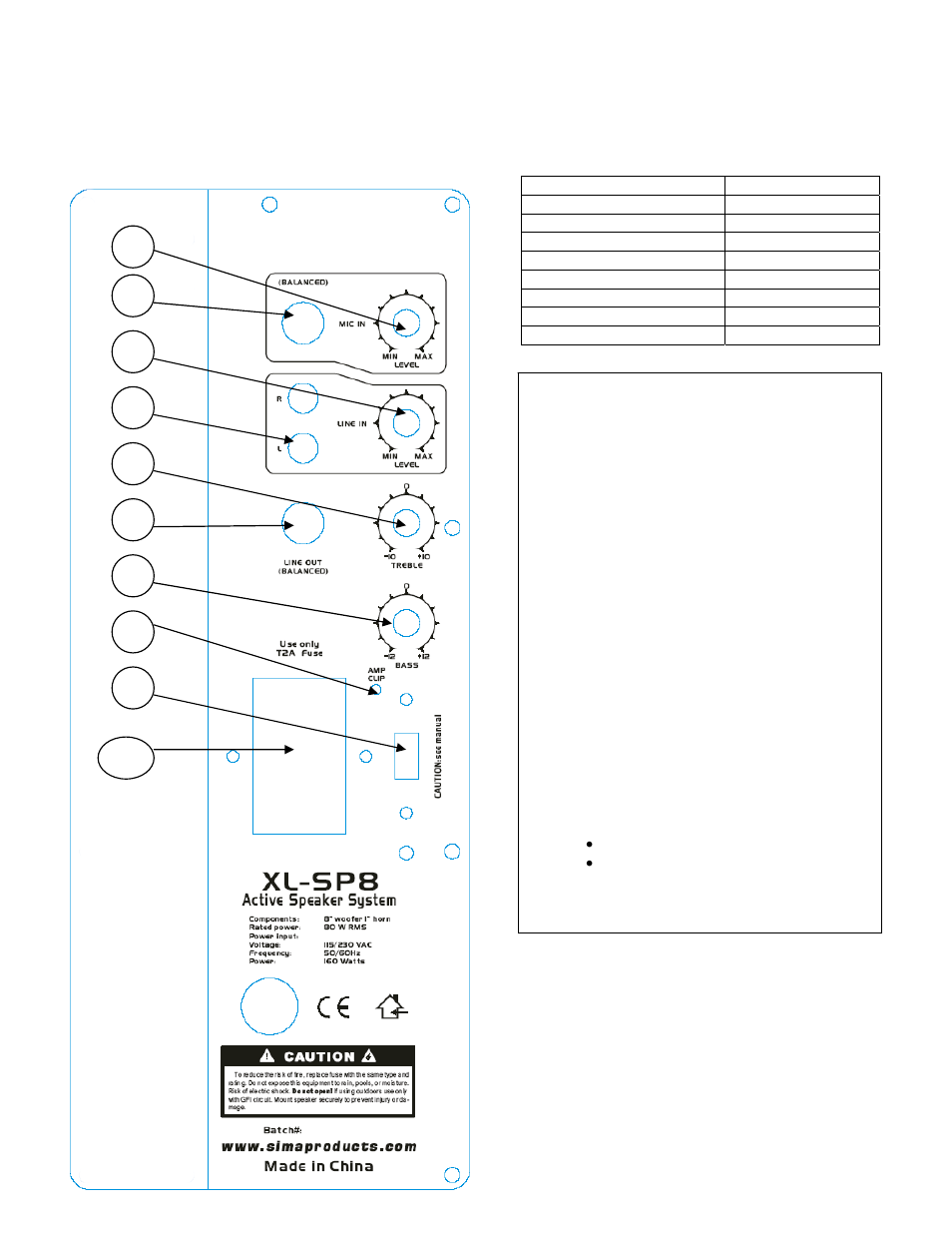 Speaker specifications and drawing - xl-sp-8, Speaker specifications and drawing, Cations and drawing | Xl-sp-8 | Sima Products XL-8 User Manual | Page 17 / 24