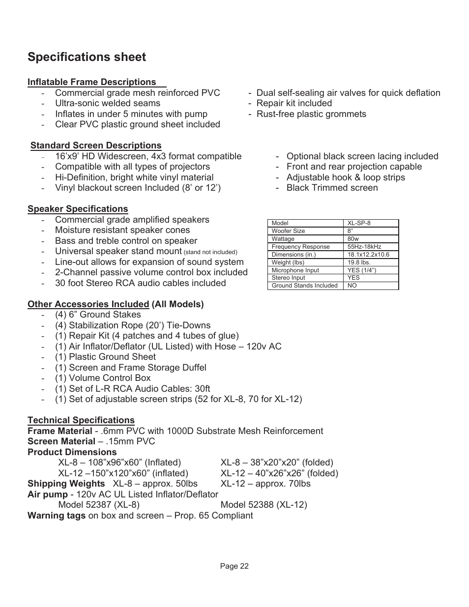 Specifications sheet | Sima Products XL-8 User Manual | Page 21 / 24