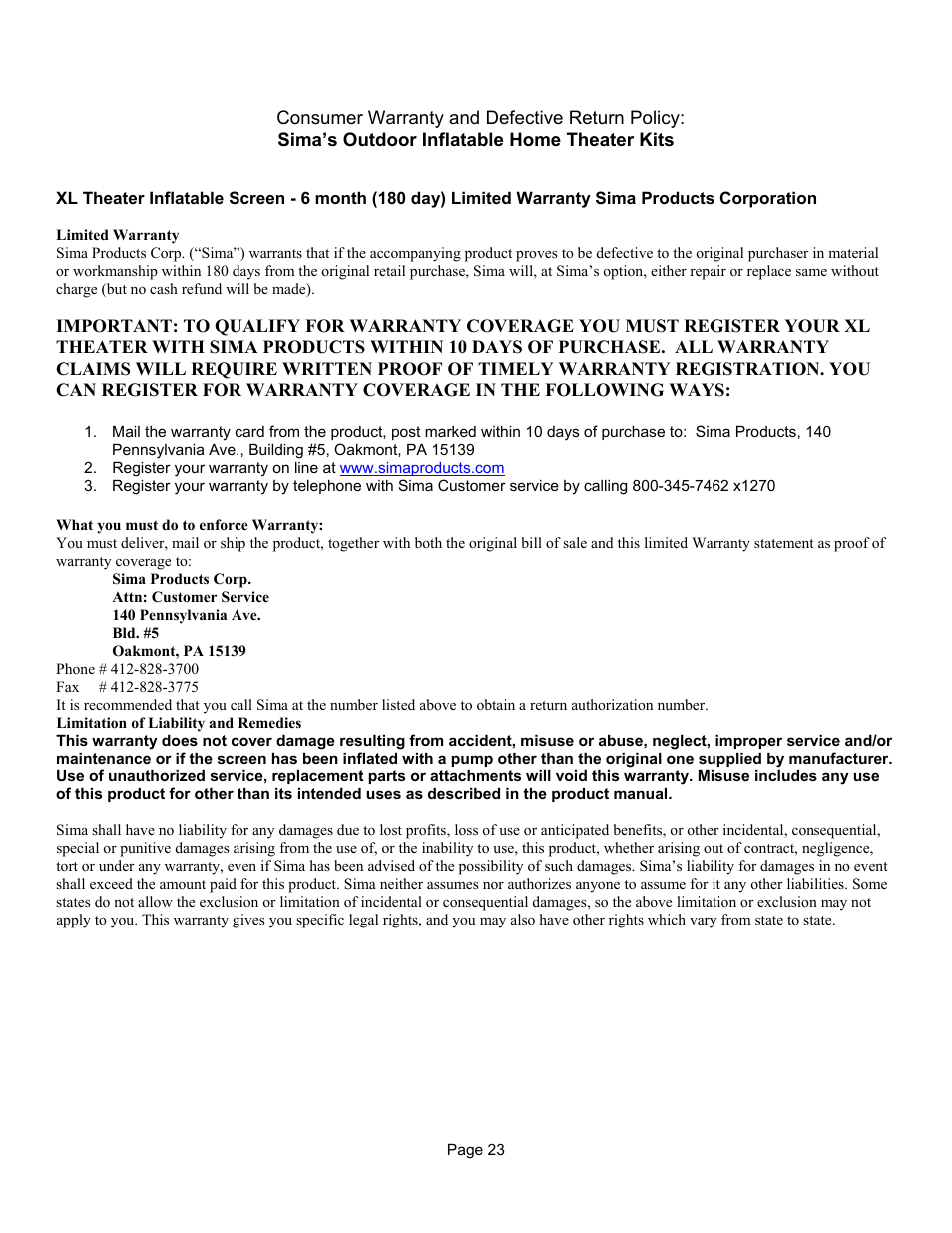 Consumer warranty and defective return policy | Sima Products XL-8 User Manual | Page 22 / 24