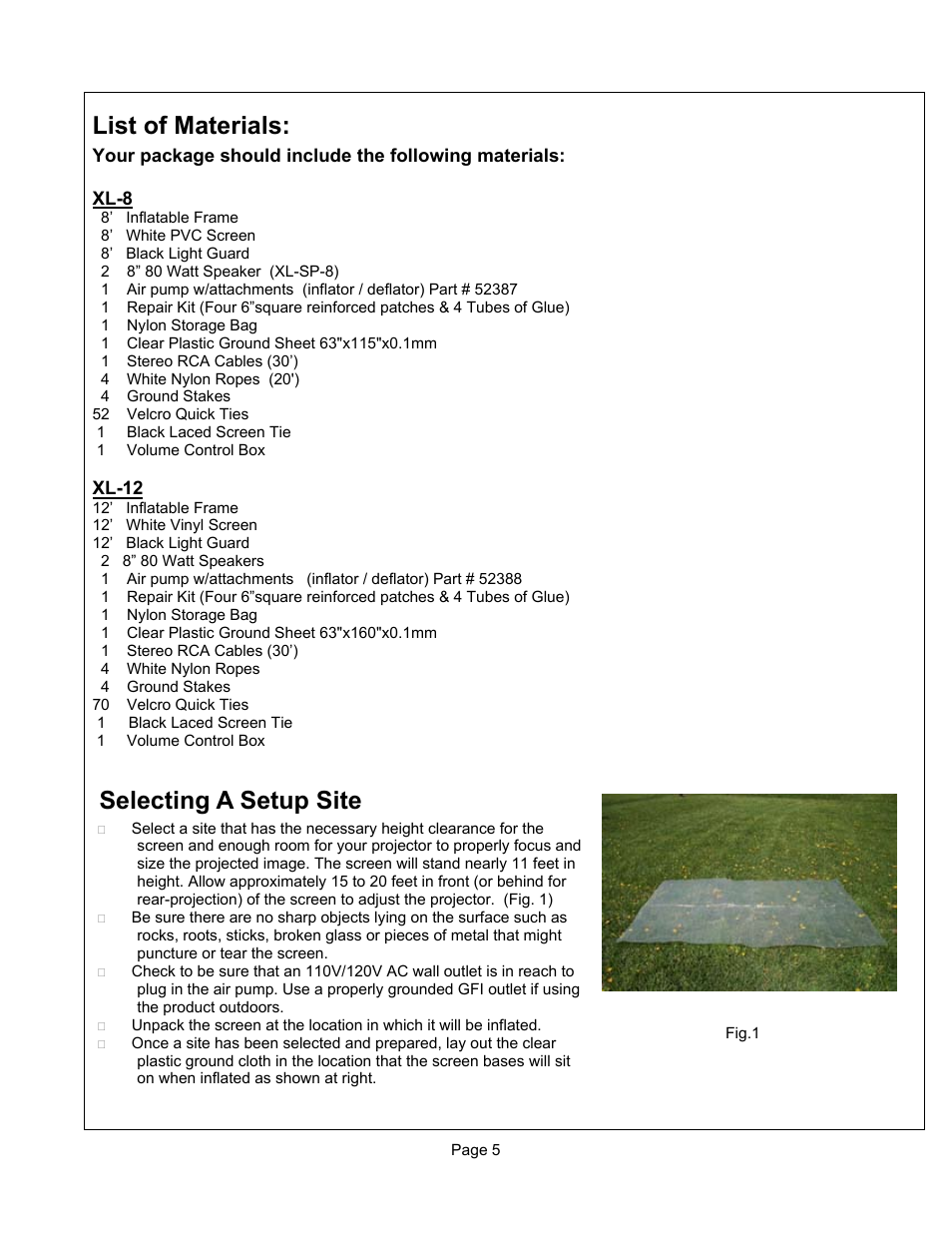 List of materials, Selecting a setup site, List of materials selecting a setup site | Sima Products XL-8 User Manual | Page 5 / 24