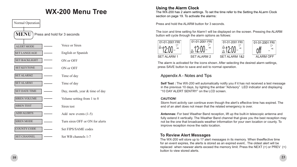 Wx-200 menu tree, Menu, Using the alarm clock | Sima Products PUBLIC ALERT WX-200 User Manual | Page 10 / 16