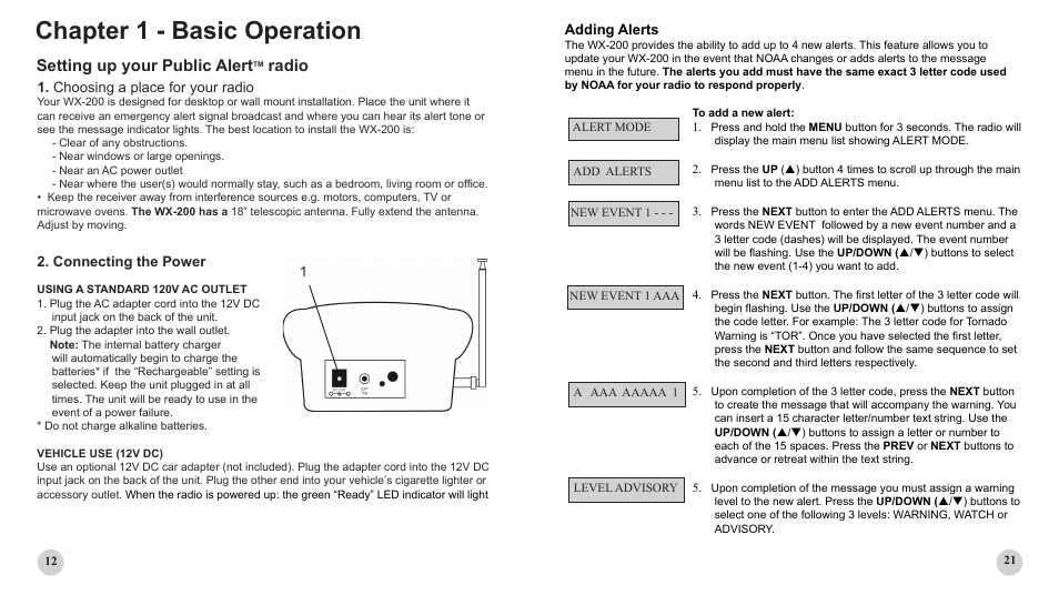 Chapter 1 - basic operation, Setting up your public alert, Radio | Choosing a place for your radio, Connecting the power, Adding alerts | Sima Products PUBLIC ALERT WX-200 User Manual | Page 12 / 16