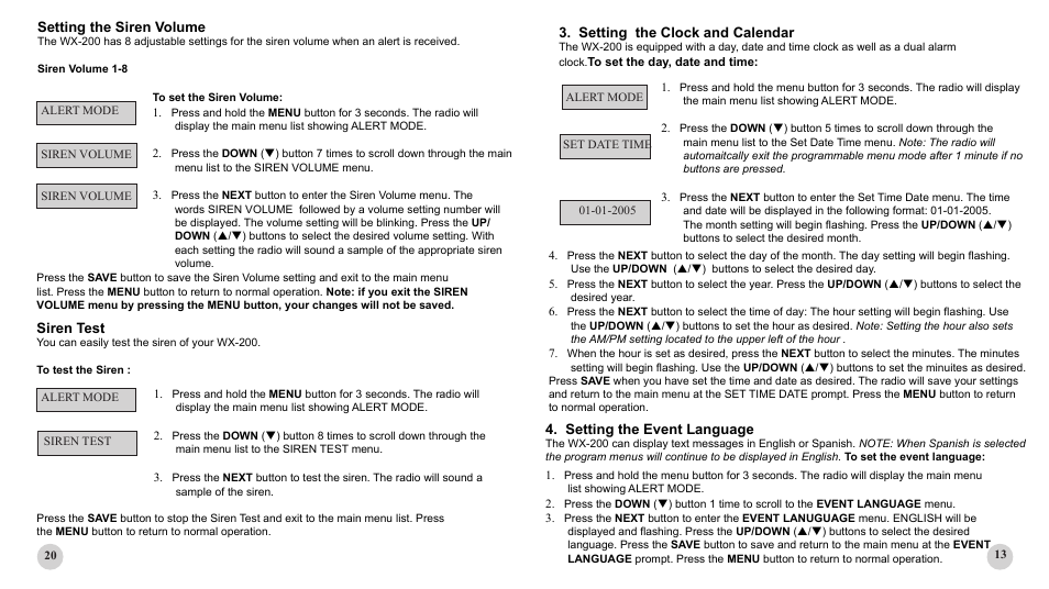 Setting the clock and calendar, Siren test, Setting the siren volume | Setting the event language | Sima Products PUBLIC ALERT WX-200 User Manual | Page 13 / 16