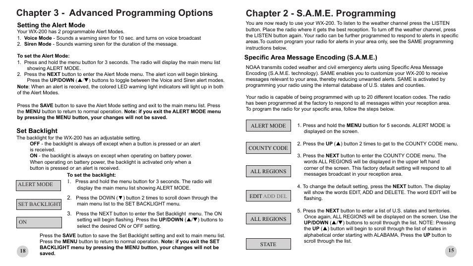 Chapter 3 - advanced programming options, Chapter 2 - s.a.m.e. programming, Specific area message encoding (s.a.m.e.) | Setting the alert mode, Set backlight | Sima Products PUBLIC ALERT WX-200 User Manual | Page 15 / 16