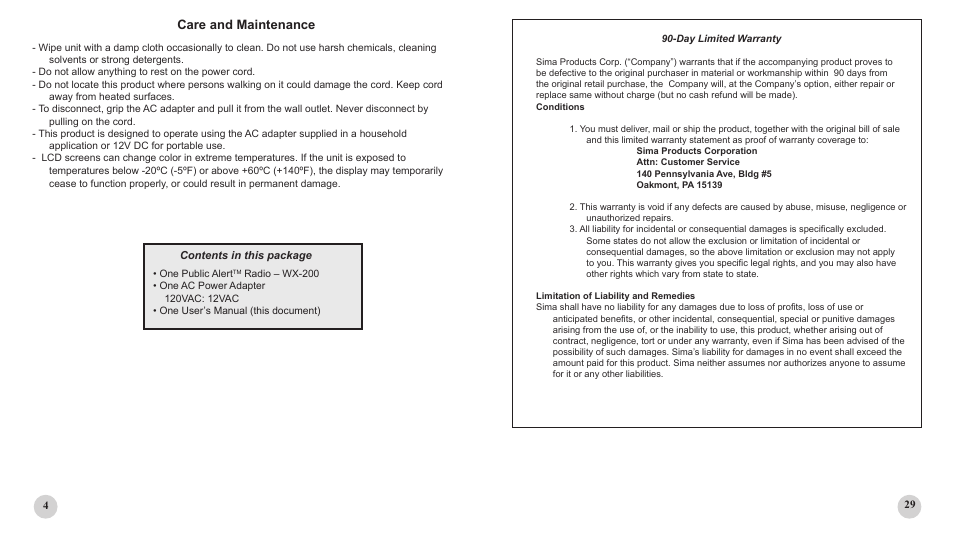 Care and maintenance | Sima Products PUBLIC ALERT WX-200 User Manual | Page 4 / 16