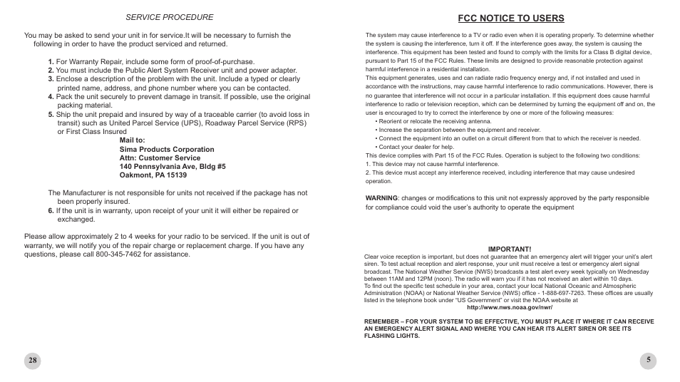 Fcc notice to users | Sima Products PUBLIC ALERT WX-200 User Manual | Page 5 / 16