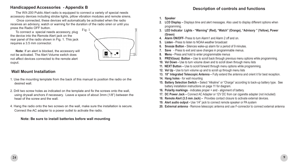 Description of controls and functions, Handicapped accessories - appendix b, Wall mount installation | Sima Products PUBLIC ALERT WX-200 User Manual | Page 9 / 16