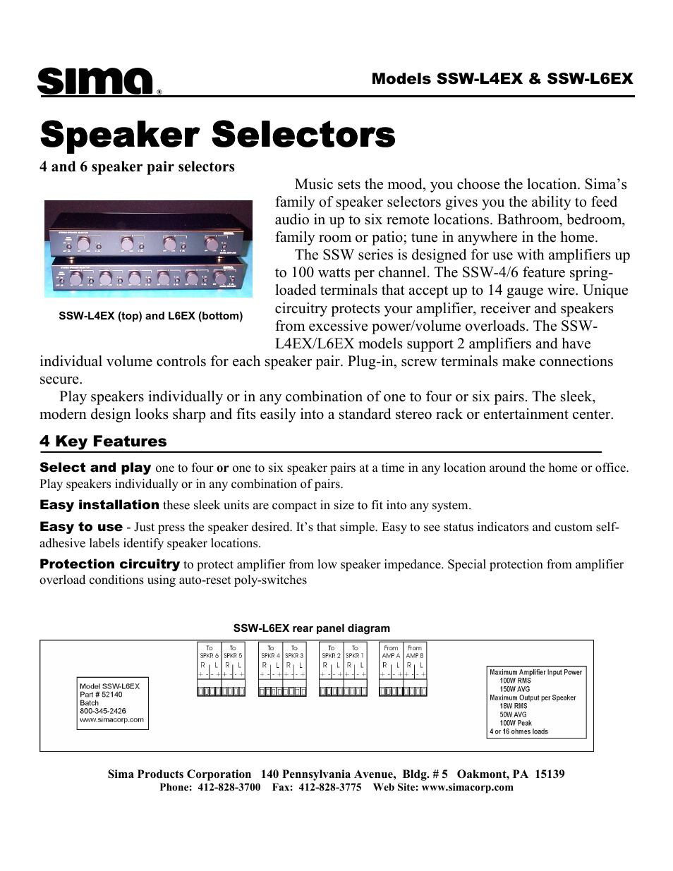 Sima Products Speaker Selectors SSW-L4EX User Manual | 2 pages
