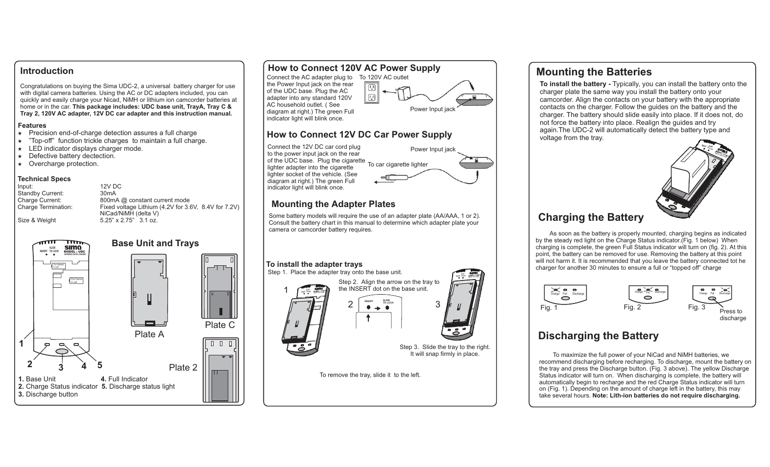 Mounting the batteries, Charging the battery, Discharging the battery | 5introduction, Mounting the adapter plates, How to connect 120v ac power supply, How to connect 12v dc car power supply | Sima Products UDC-2 User Manual | Page 2 / 2
