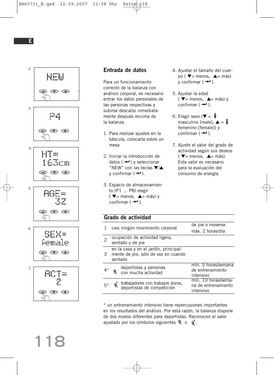 Entrada de datos, Grado de actividad | SOEHNLE Body Balance Slim Design FT 5 User Manual | Page 118 / 400