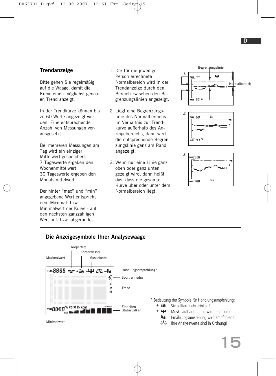 Trendanzeige, Die anzeigesymbole ihrer analysewaage | SOEHNLE Body Balance Slim Design FT 5 User Manual | Page 15 / 400