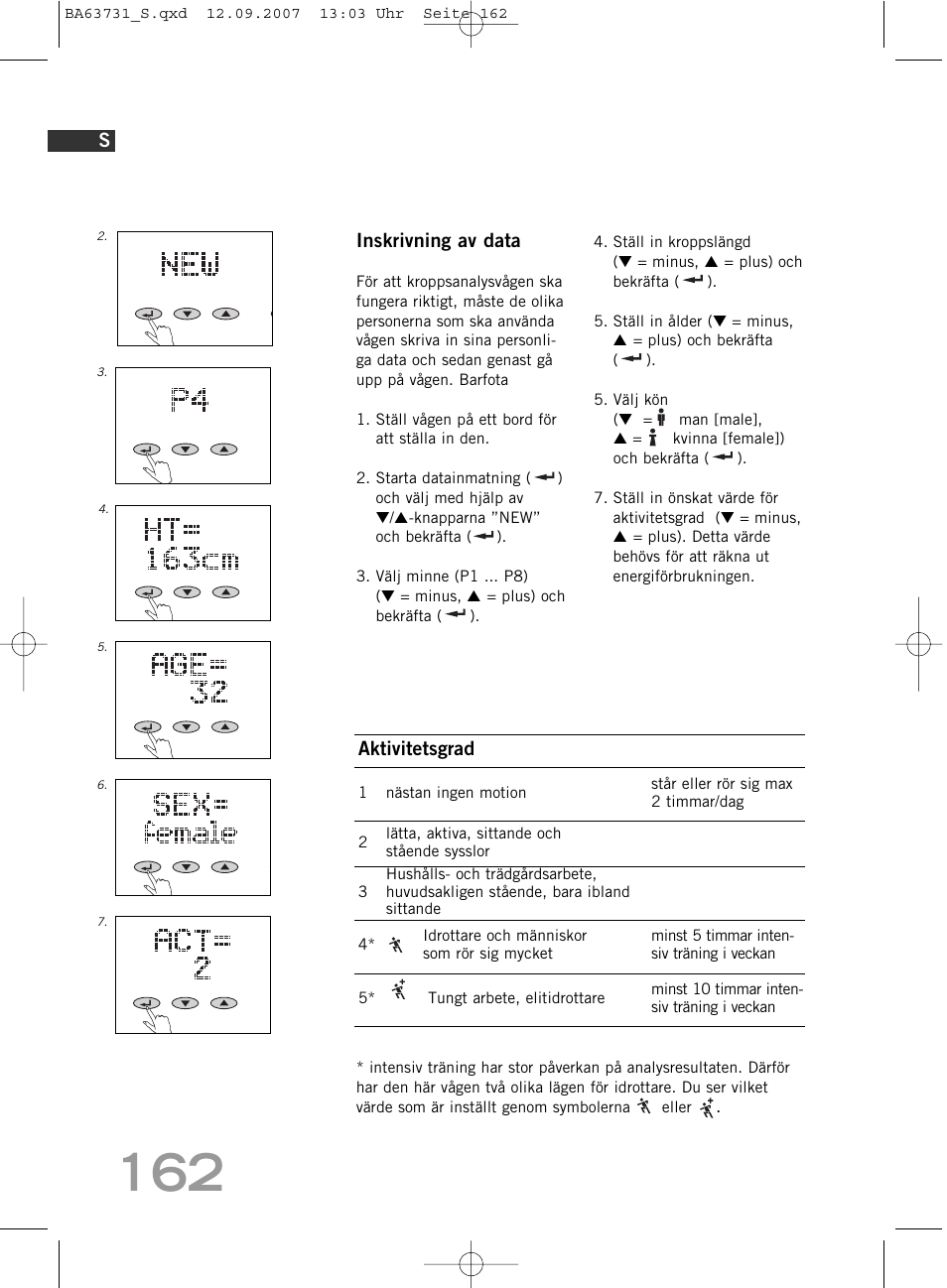 Inskrivning av data, Aktivitetsgrad | SOEHNLE Body Balance Slim Design FT 5 User Manual | Page 184 / 400