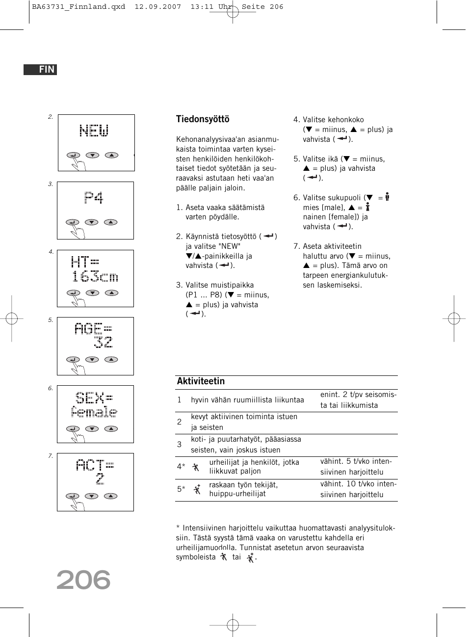 Tiedonsyöttö, Aktiviteetin | SOEHNLE Body Balance Slim Design FT 5 User Manual | Page 206 / 400