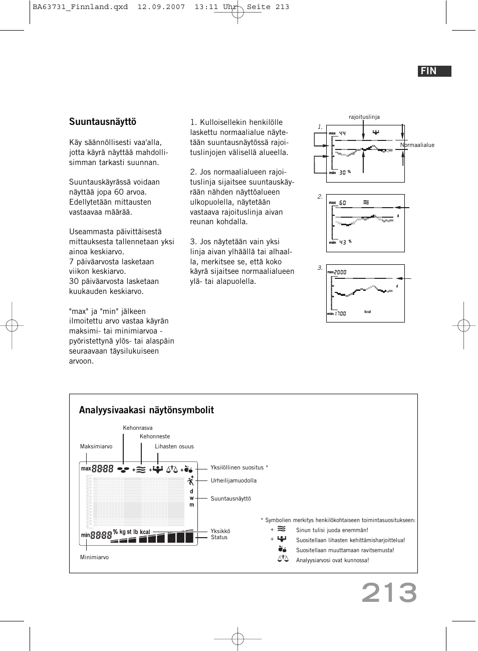 Suuntausnäyttö, Analyysivaakasi näytönsymbolit | SOEHNLE Body Balance Slim Design FT 5 User Manual | Page 213 / 400