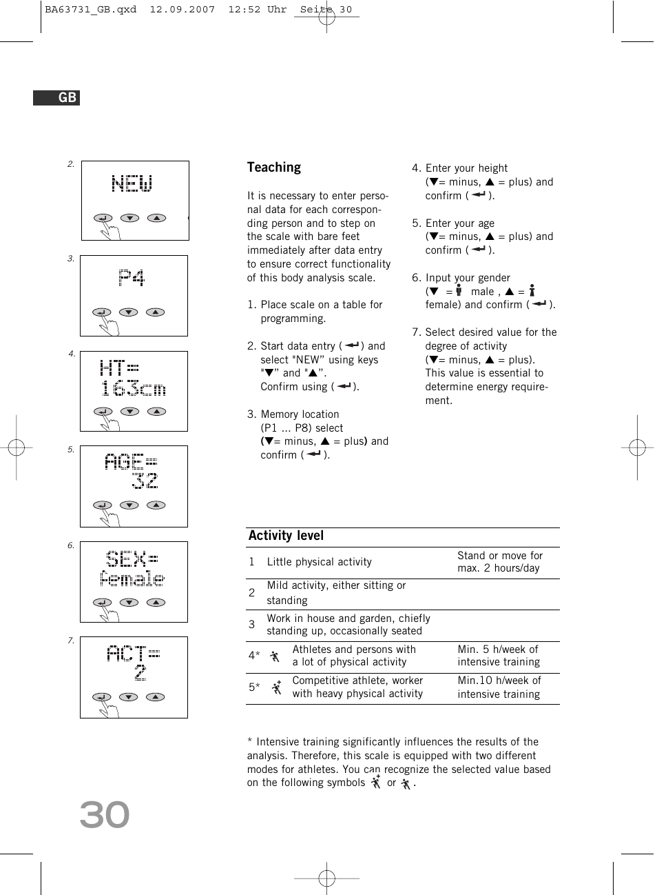 Teaching, Activity level | SOEHNLE Body Balance Slim Design FT 5 User Manual | Page 30 / 400