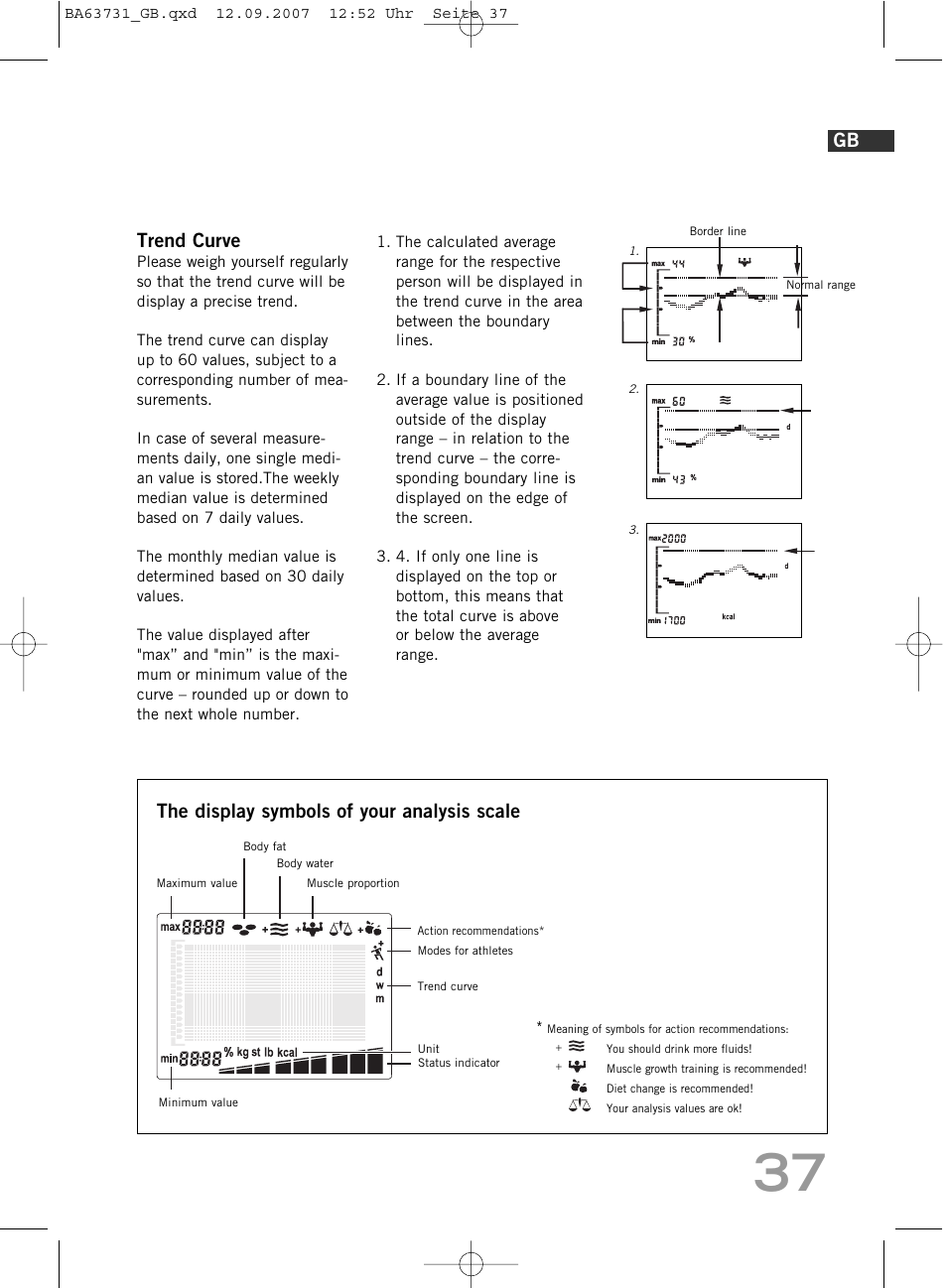 Trend curve, The display symbols of your analysis scale | SOEHNLE Body Balance Slim Design FT 5 User Manual | Page 37 / 400