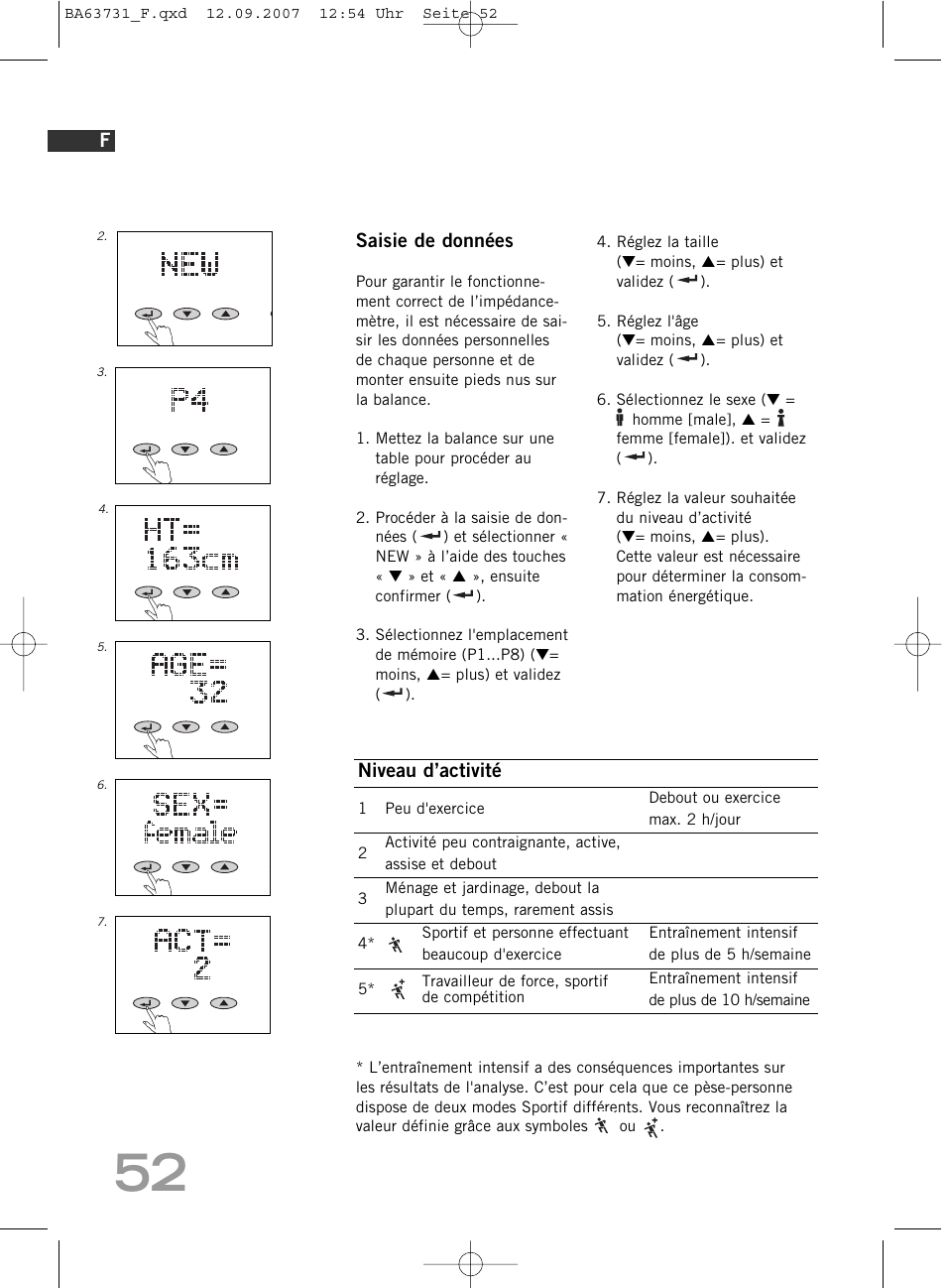 Saisie de données, Niveau d’activité | SOEHNLE Body Balance Slim Design FT 5 User Manual | Page 52 / 400