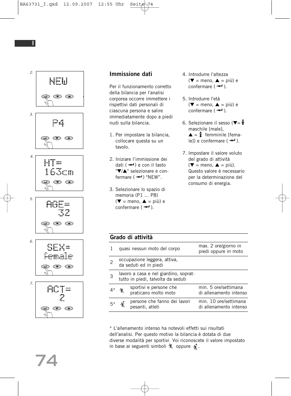 Immissione dati, Grado di attività | SOEHNLE Body Balance Slim Design FT 5 User Manual | Page 74 / 400