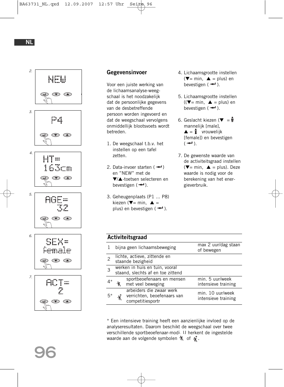Gegevensinvoer, Activiteitsgraad | SOEHNLE Body Balance Slim Design FT 5 User Manual | Page 96 / 400