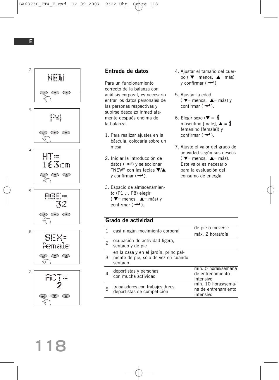 Entrada de datos, Grado de actividad | SOEHNLE Body Balance Slim Design FT4 User Manual | Page 118 / 400
