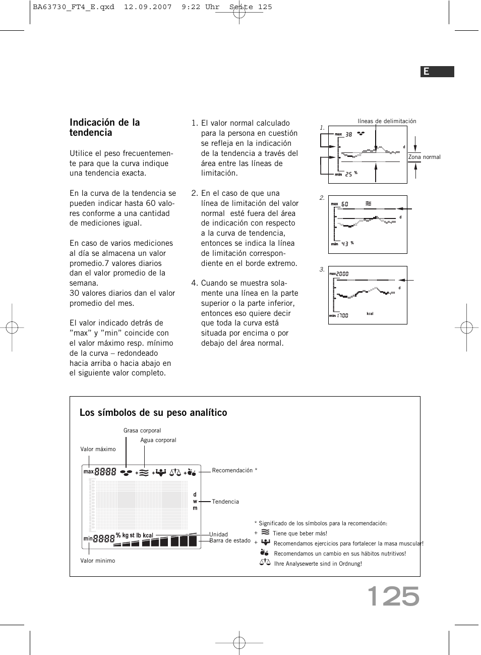 Indicación de la tendencia, Los símbolos de su peso analítico | SOEHNLE Body Balance Slim Design FT4 User Manual | Page 125 / 400