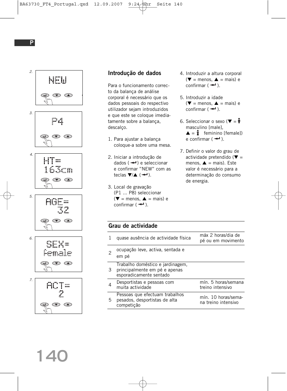 Introdução de dados, Grau de actividade | SOEHNLE Body Balance Slim Design FT4 User Manual | Page 140 / 400