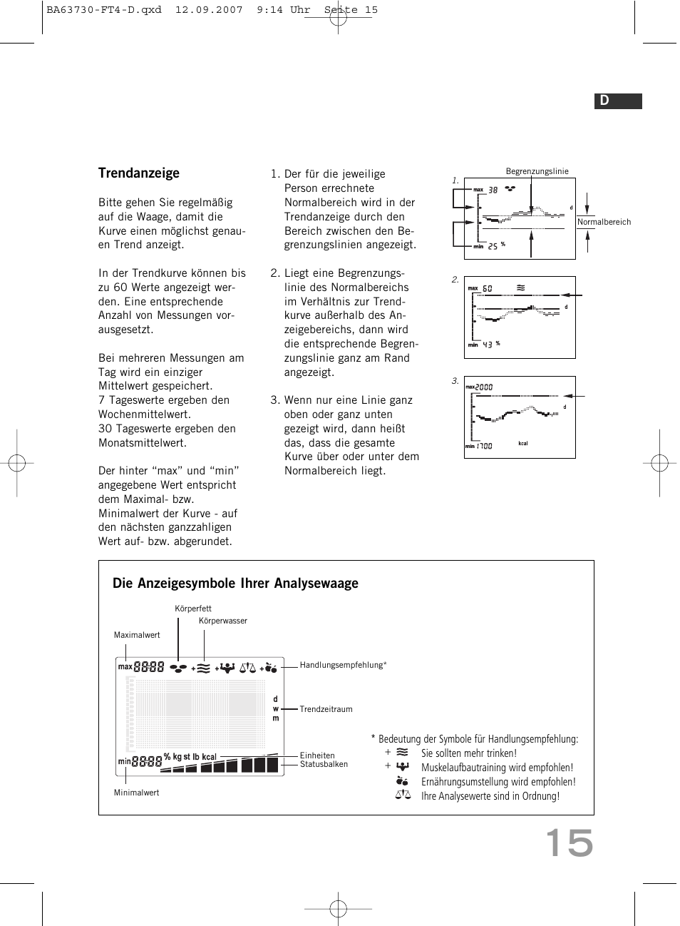 Trendanzeige, Die anzeigesymbole ihrer analysewaage | SOEHNLE Body Balance Slim Design FT4 User Manual | Page 15 / 400