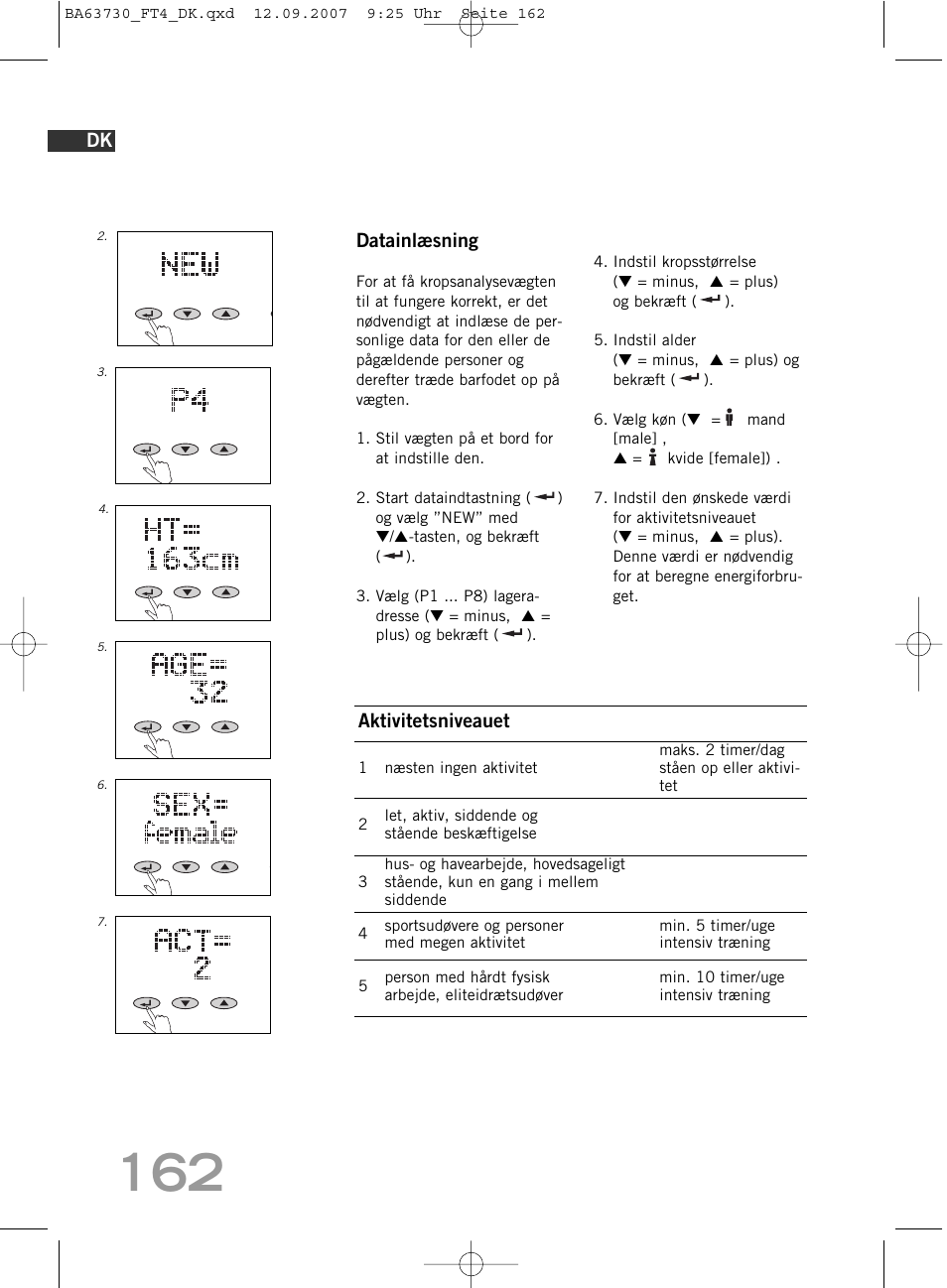 Datainlæsning, Aktivitetsniveauet | SOEHNLE Body Balance Slim Design FT4 User Manual | Page 162 / 400