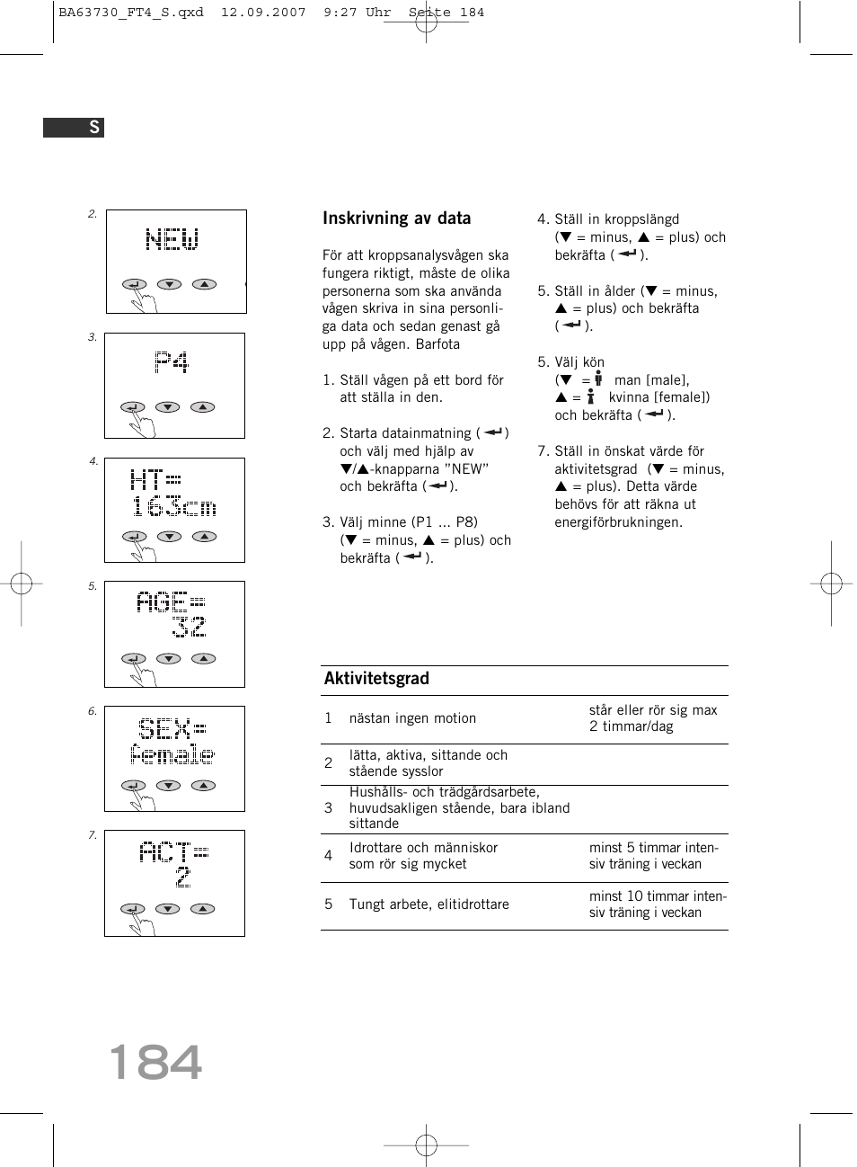 Inskrivning av data, Aktivitetsgrad | SOEHNLE Body Balance Slim Design FT4 User Manual | Page 184 / 400