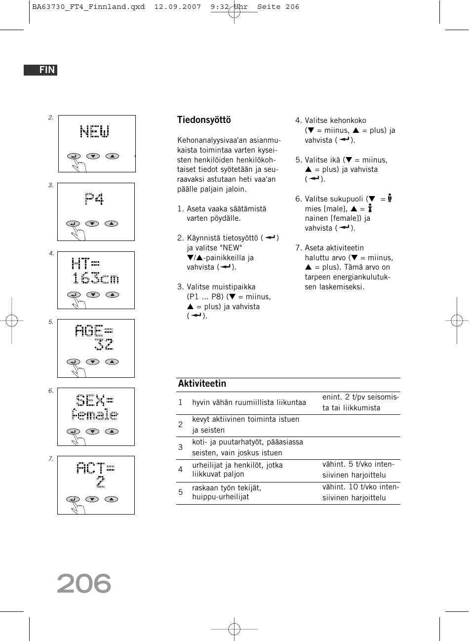 Tiedonsyöttö, Aktiviteetin | SOEHNLE Body Balance Slim Design FT4 User Manual | Page 206 / 400