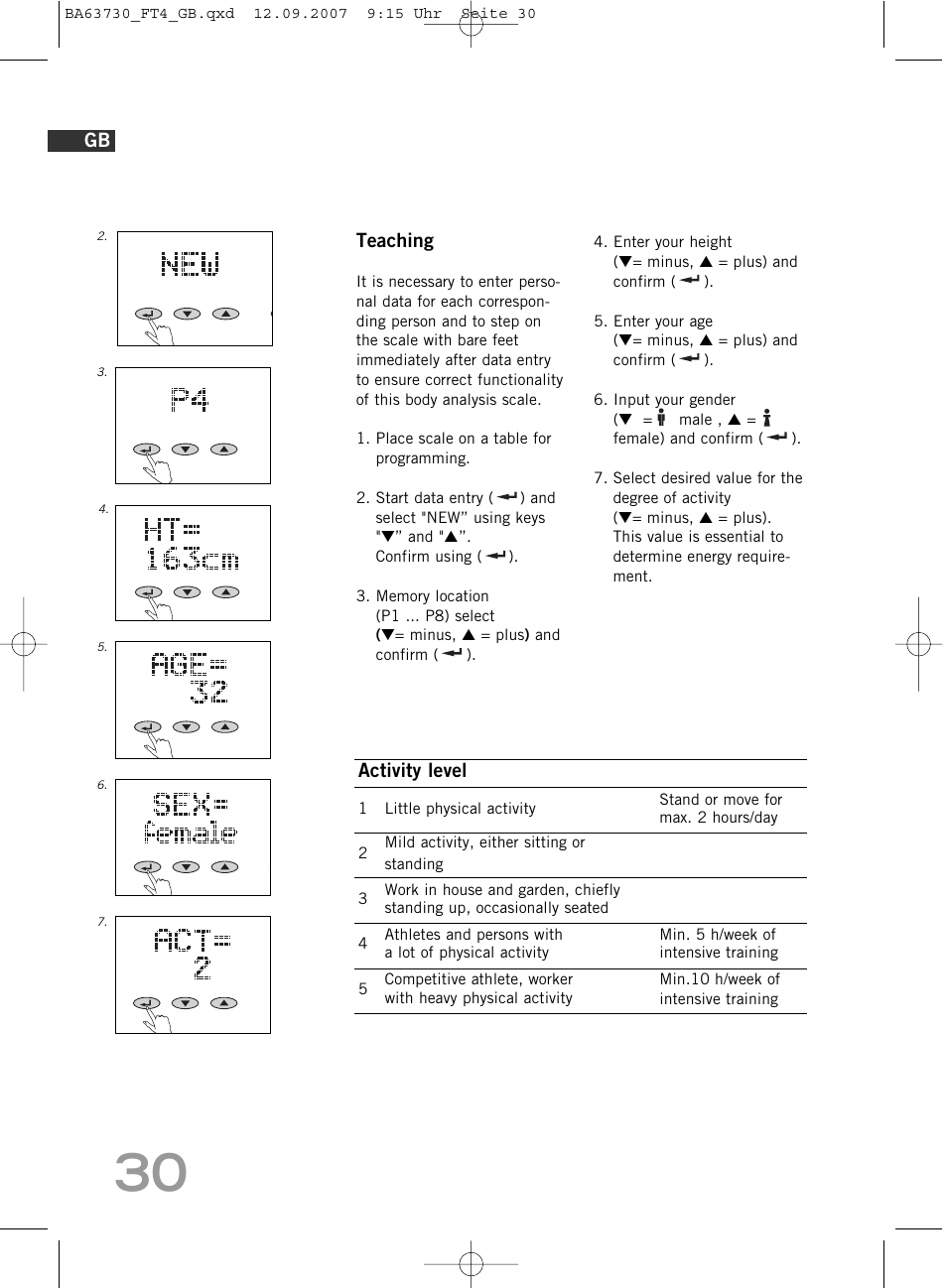 Teaching, Activity level | SOEHNLE Body Balance Slim Design FT4 User Manual | Page 30 / 400