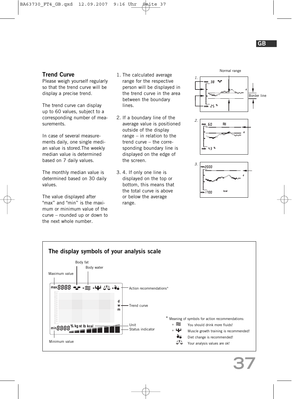 Trend curve, The display symbols of your analysis scale | SOEHNLE Body Balance Slim Design FT4 User Manual | Page 37 / 400
