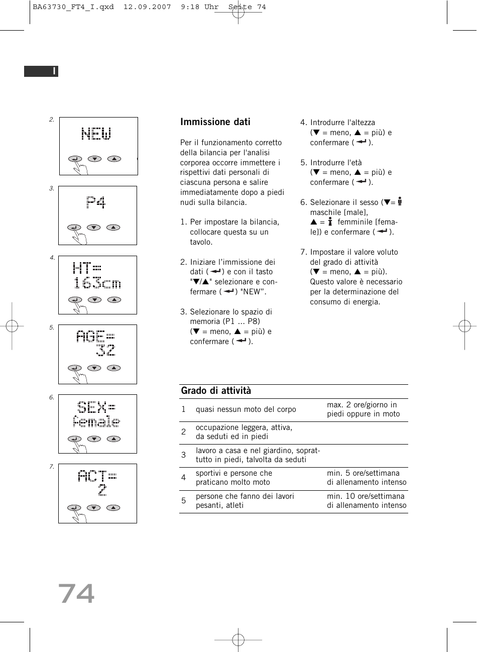 Immissione dati, Grado di attività | SOEHNLE Body Balance Slim Design FT4 User Manual | Page 74 / 400