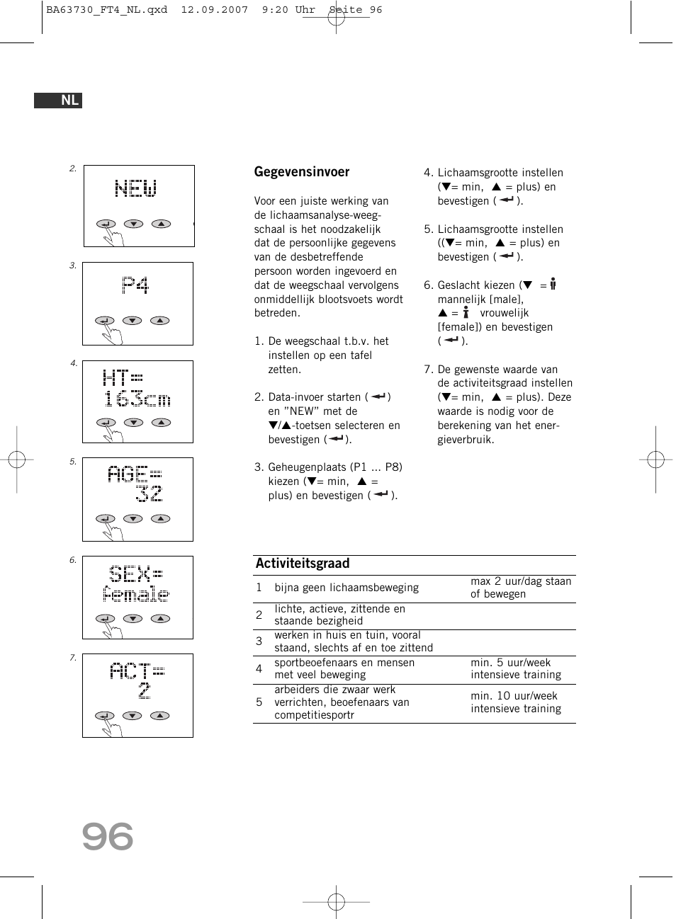 Gegevensinvoer, Activiteitsgraad | SOEHNLE Body Balance Slim Design FT4 User Manual | Page 96 / 400