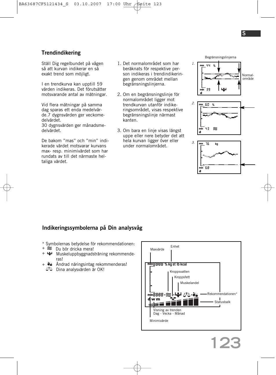 Trendindikering, Indikeringssymbolerna på din analysvåg | SOEHNLE Body Balance Slim F5 User Manual | Page 123 / 292